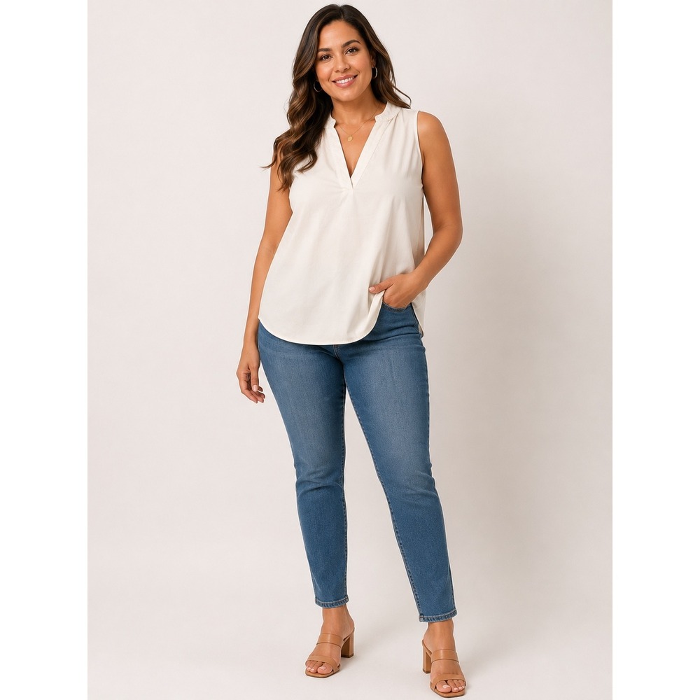 Womens White Sleeveless‎ V-Neck Cotton Blouse Racerback Relaxed Fit Top Size M